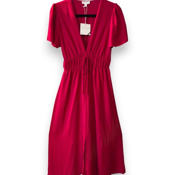 See You Monday Dresses & Skirts - See You Monday Red V-Neck Flutter Sleeve Ruched Midi Dress Size L - NWT